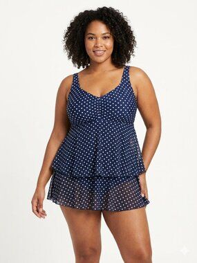 Le Covr Women One Piece Bathing Suit Spandex Navy White Polka Dots Plus Size 2X
